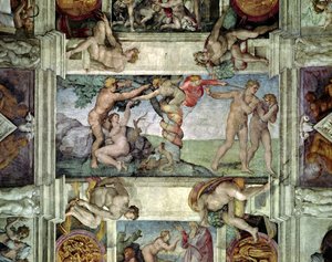 Sixtinische Kapelle Decke: Vertreibung von Adam und Eva aus dem Garten Eden (vor der Restaurierung)
